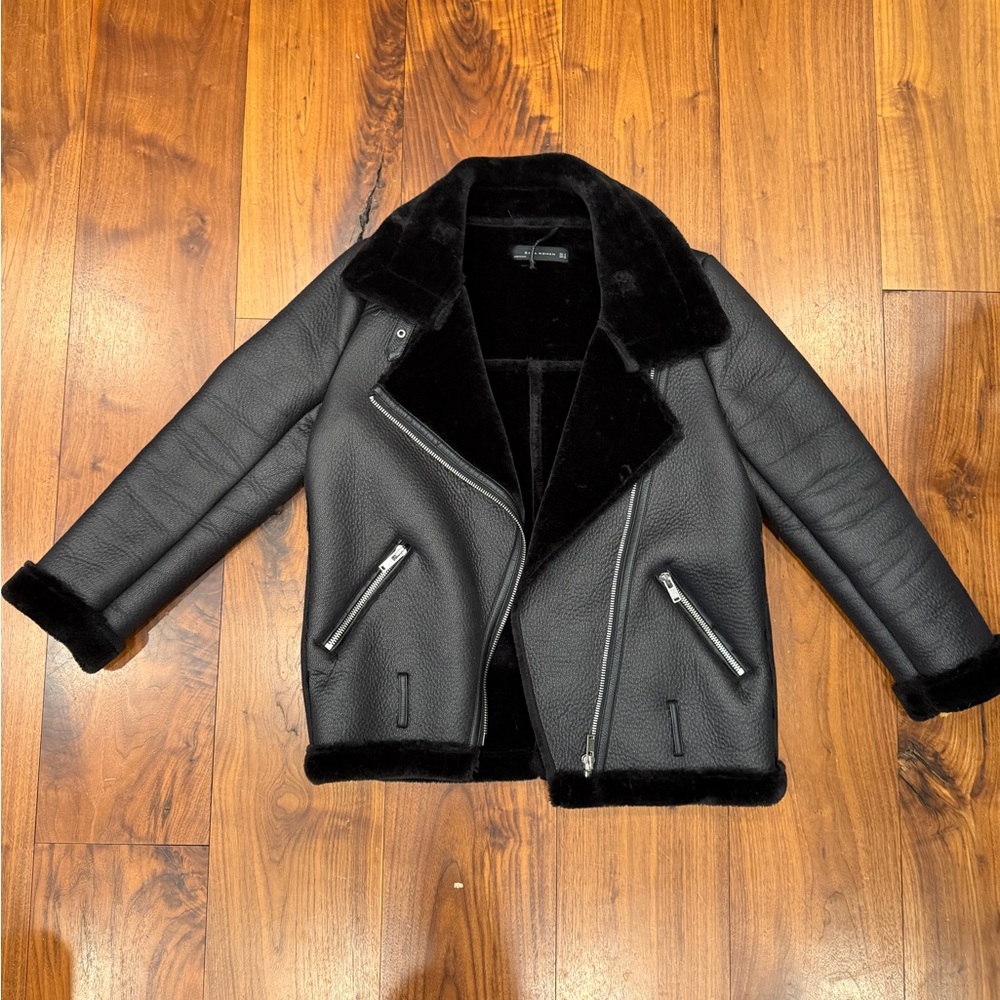 Zara sz Med Black Faux Leather Shearling Jacket